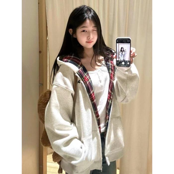 2024 Women's Splicing Plaid Hooded Cardigan Sweater - Loose, Casual, Versatile, Plus Velvet, Thickened for Spring, Autumn, Winter.