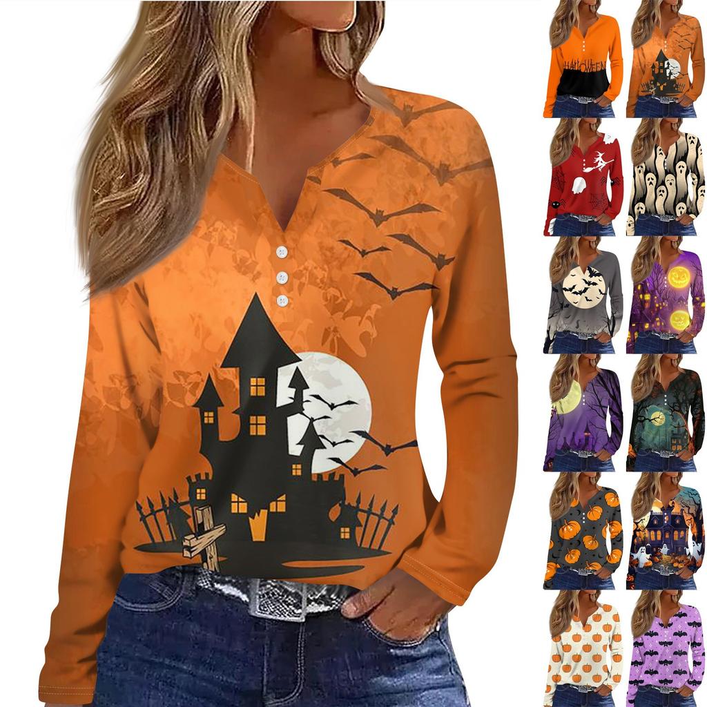 Women's T Shirt Tee Button Halloween Print Long Sleeve Daily Weekend Fashion Basic V-Neck Regular Top