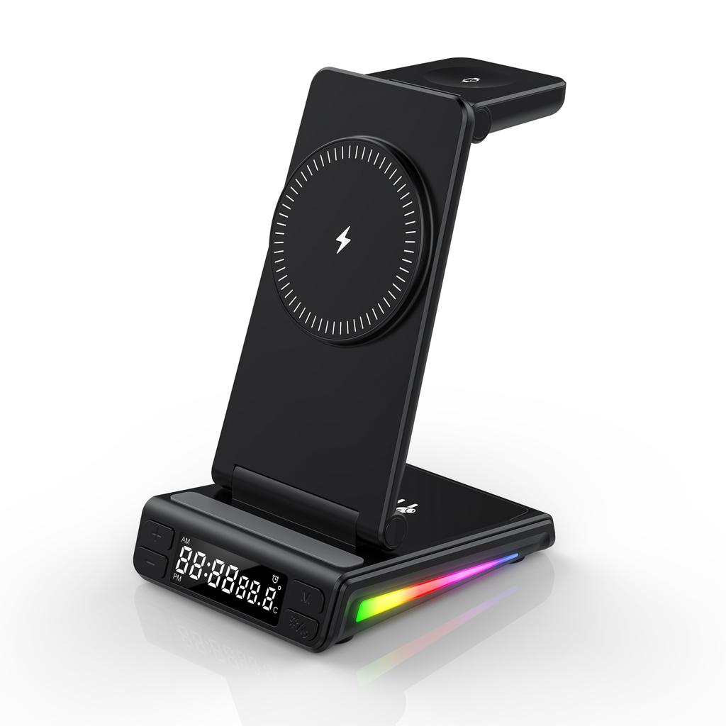 Travel Gadget Portable RGB Streaming Light Foldable With Clock Temperature Display 5 In1 Wireless Charger for iphone for Samsung
