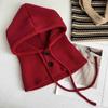 Knitting Hat Solid Color Buttons Closure Drawstring Hooded Scarf Women Winter Warm Windproof Elastic Thermal Hat