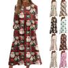 Women's Casual Round Neck Christmas Print Midi Dress Long Sleeve Pocket Dress