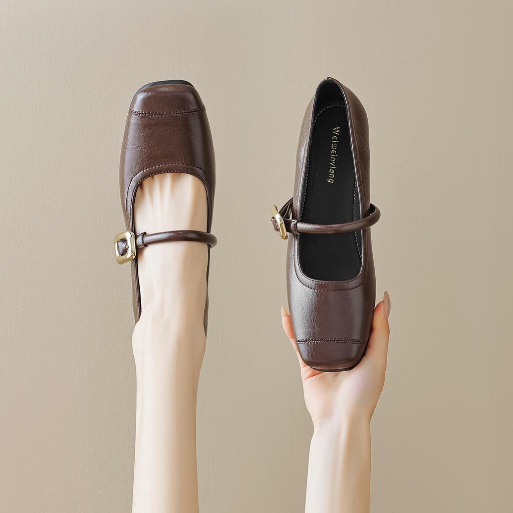 Weiwei Girl 899-1 Square Head Single Shoes Women's Inner Height Increase Word Belt 2024 New Shallow Mouth Retro Mary Jane Shoes