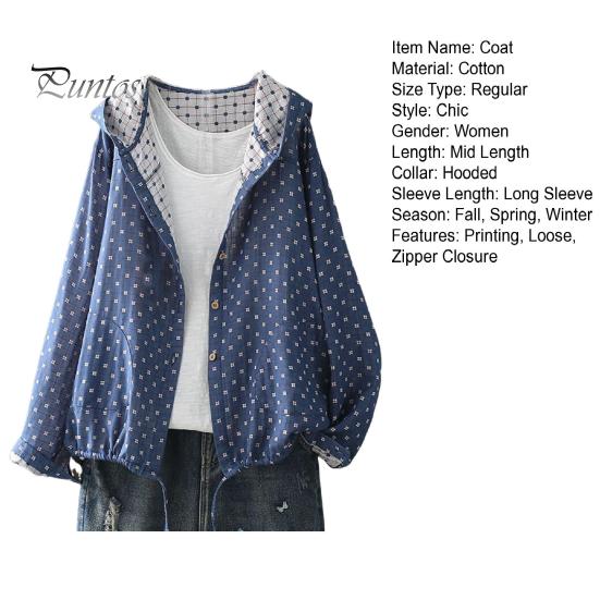 Women Spring Autumn Coat Hooded Drawstring Hem Long Sleeve Printing Loose Zipper Closure Jacket with Pockets Daily Wear Commuting Outerwear