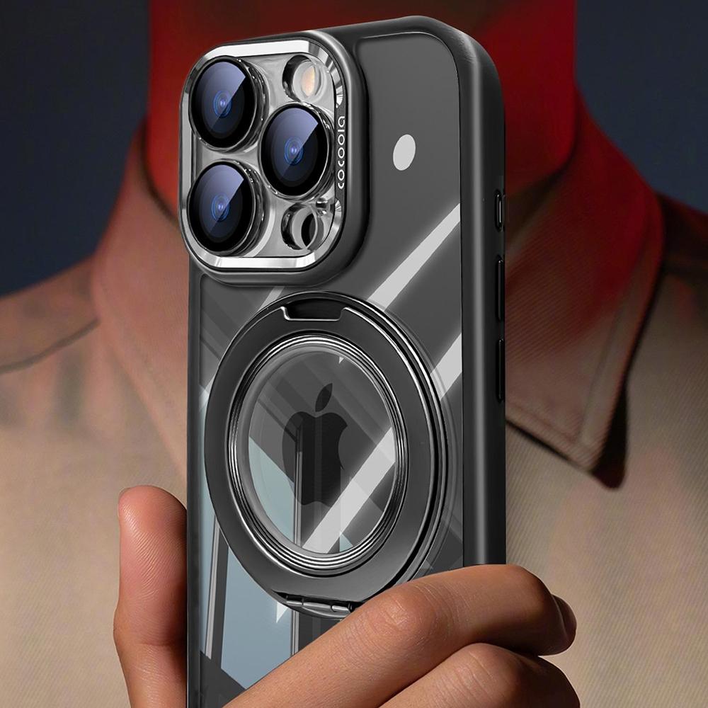 Для iPhone 16 Pro Чехол Магнитная Вращающаяся Подставка PC+TPU Чехол для телефона со Съемной Пленкой для Объектива Камеры