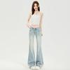 Lace splicing micro-pull jeans, women's summer new low-rise wide-leg thin, no-stick leg horn pants