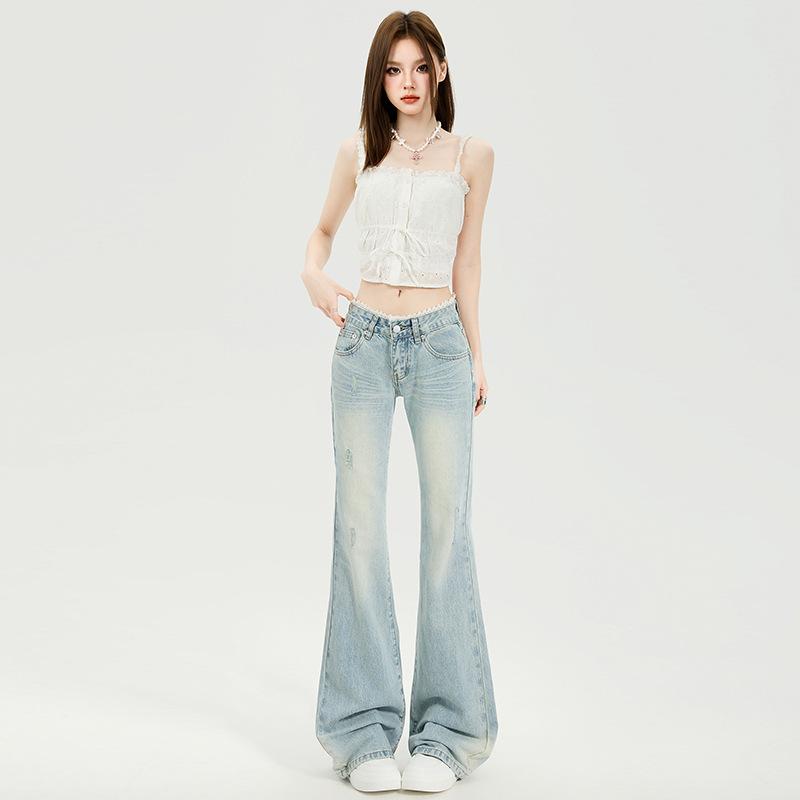 Lace splicing micro-pull jeans, women's summer new low-rise wide-leg thin, no-stick leg horn pants