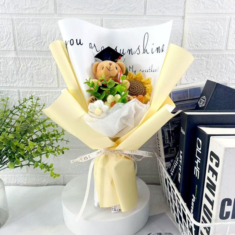 New Lovely Bear Simulated Flower Bouquet Crochet Sunflower Handmade Sunflower Flowers Animal Bouquet Graduation Ceremony