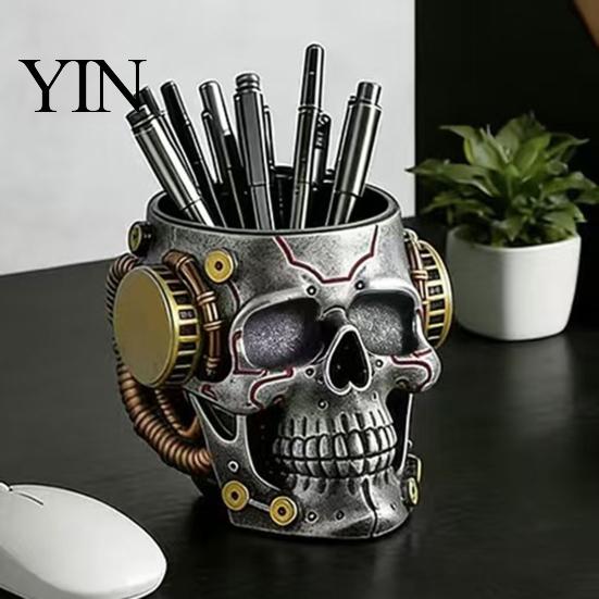 Durable Resin Pencil Holder Skull Pen Holder, Spooky Makeup Brush Industrial Style Cup Multi-functional Desktop Organizer for Home Office, Halloween
