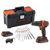 Cordless Hammer Drill - 18V - BLACK+DECKER - BDCHD18C2TA-QW – with 2 18V Batteries – 30 Accessories