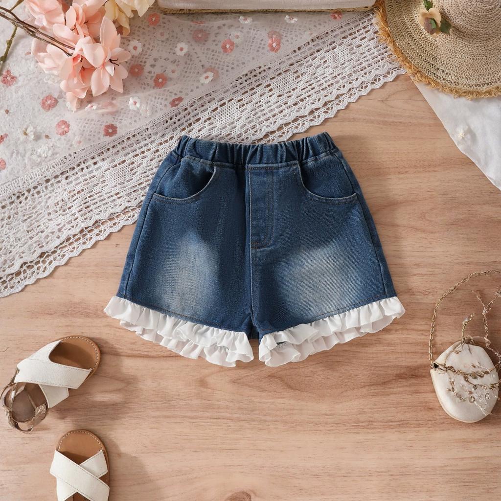Летний комплект для девочек: топ без рукавов с оборками и джинсовые шорты
