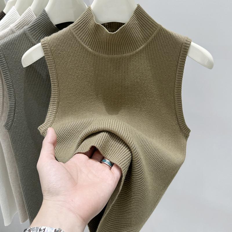 Turtleneck Sleeveless Sweater Slim Fit Pullover Vest Women's Autumn Ribbed Knitted Base Layer Sleeveless Top