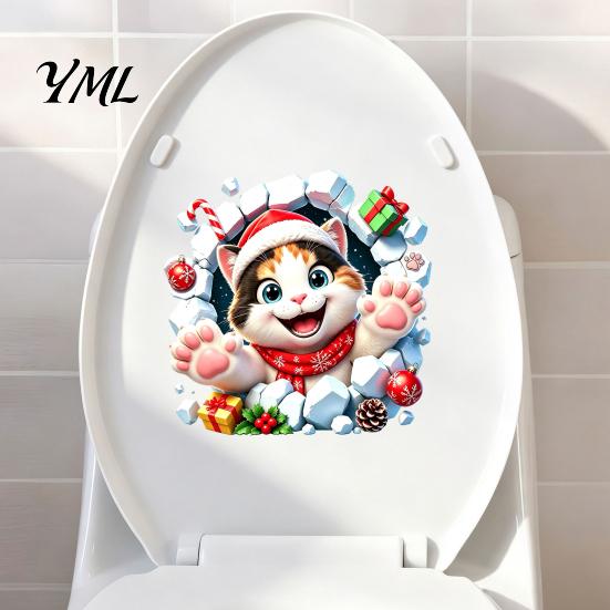 Easy Peel Stick Decals Christmas Cat Toilet Seat Decal, 3D Break Through Wall Cute Kitten Gift Ideas for Decor Tank Sticker, Self-Adhesive Waterproof