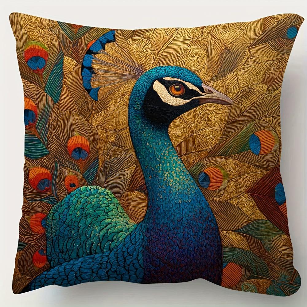 1pc, Peacock and Rooster Pattern Pillowcase - Traditional Indian/Mughal Style Teal Golden Turquoise Bohemian Style, Soft and Smooth Touch Polyester Sh