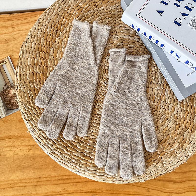 Теплые перчатки шерстяные осенне-зимние женские ветрозащитные вязаные однотонные холодостойкие сенсорные кашемировые для верховой езды