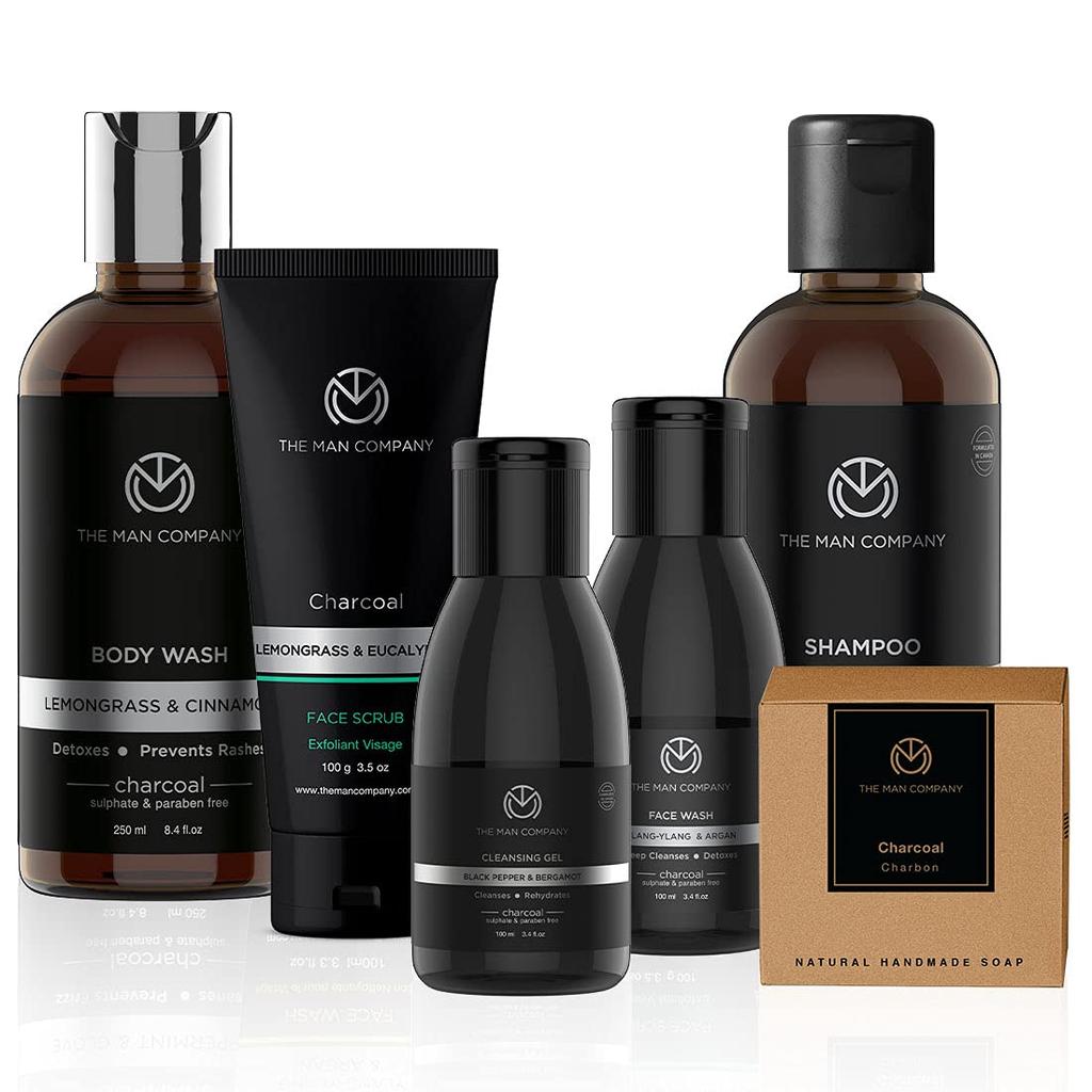 The Man Company Charcoal Grooming Kit for Men with Body Wash, Hair Shampoo, Face Scrub, Face Wash, Cleansing Gel, Soap Bar