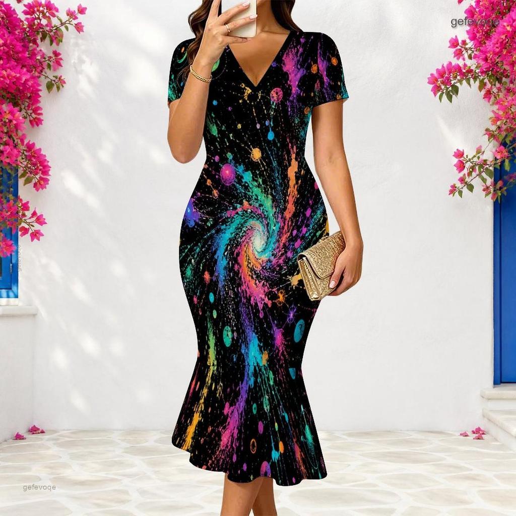 Women Plus Size V Neck Short Sleeve Multicolor Printed Fishtail Dress