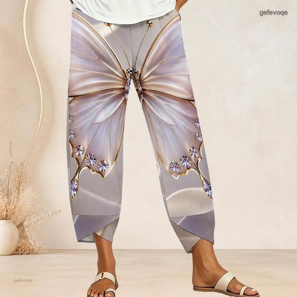Women Plus Size Loose Butterfly Printed Cross Hem Cropped Pants