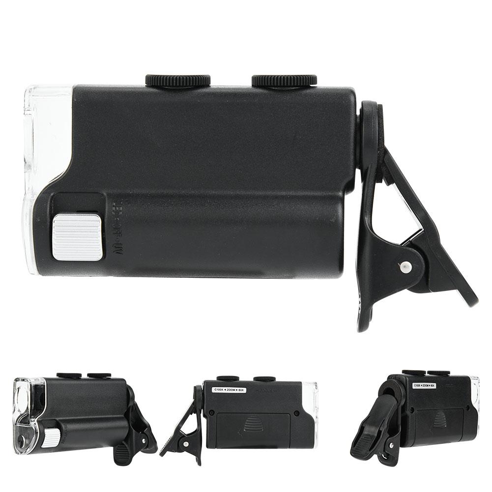 Микроскоп для телефона Увеличитель 60~100-кратное увеличение со светодиодной и УФ-подсветкой Наблюдение за крошечными объектами