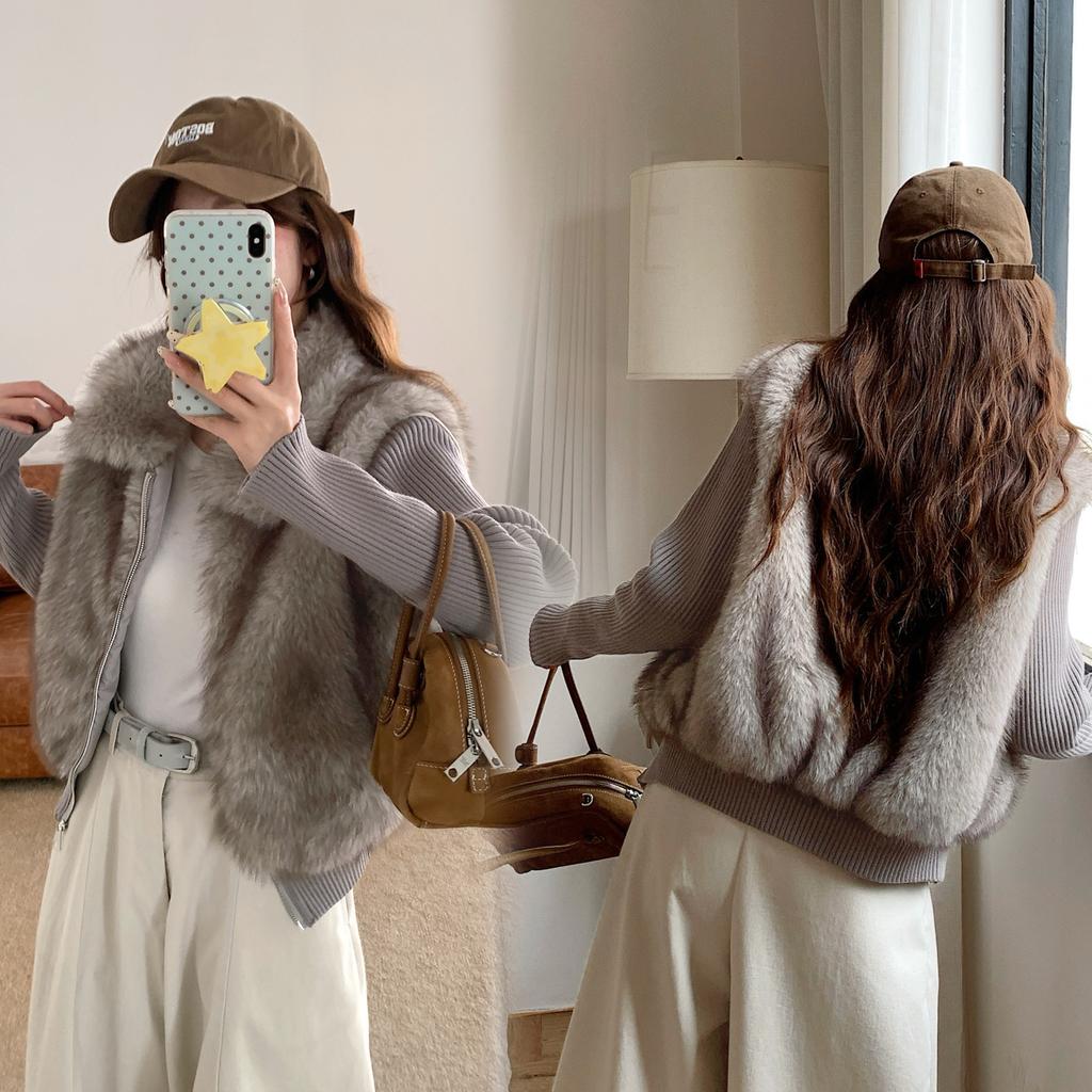 Winter new young environmentally friendly fluffy jacket women's lapel short small knitted sleeve vest removable
