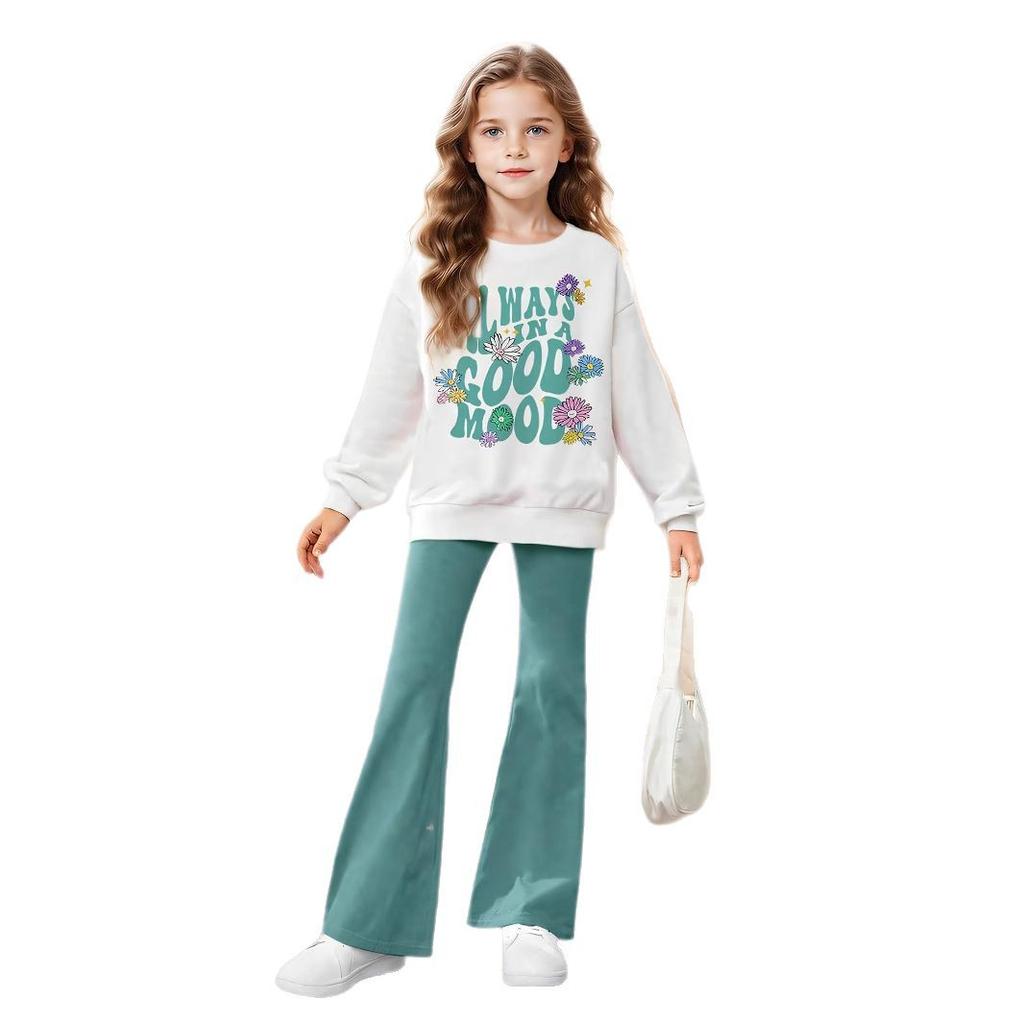 Комплект из двух предметов: свитер с цветочным принтом и расклешенные брюки для девочек, повседневный костюм на осень для детей