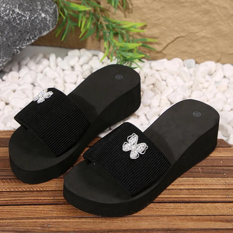 Мода Мода Бант Блестки Платформа Шлепанцы Женские Летние Толстая Подошва Средний Каблук Слайды Женские Новые Эластичная Лента Тапочки на Танкетке Mujer
