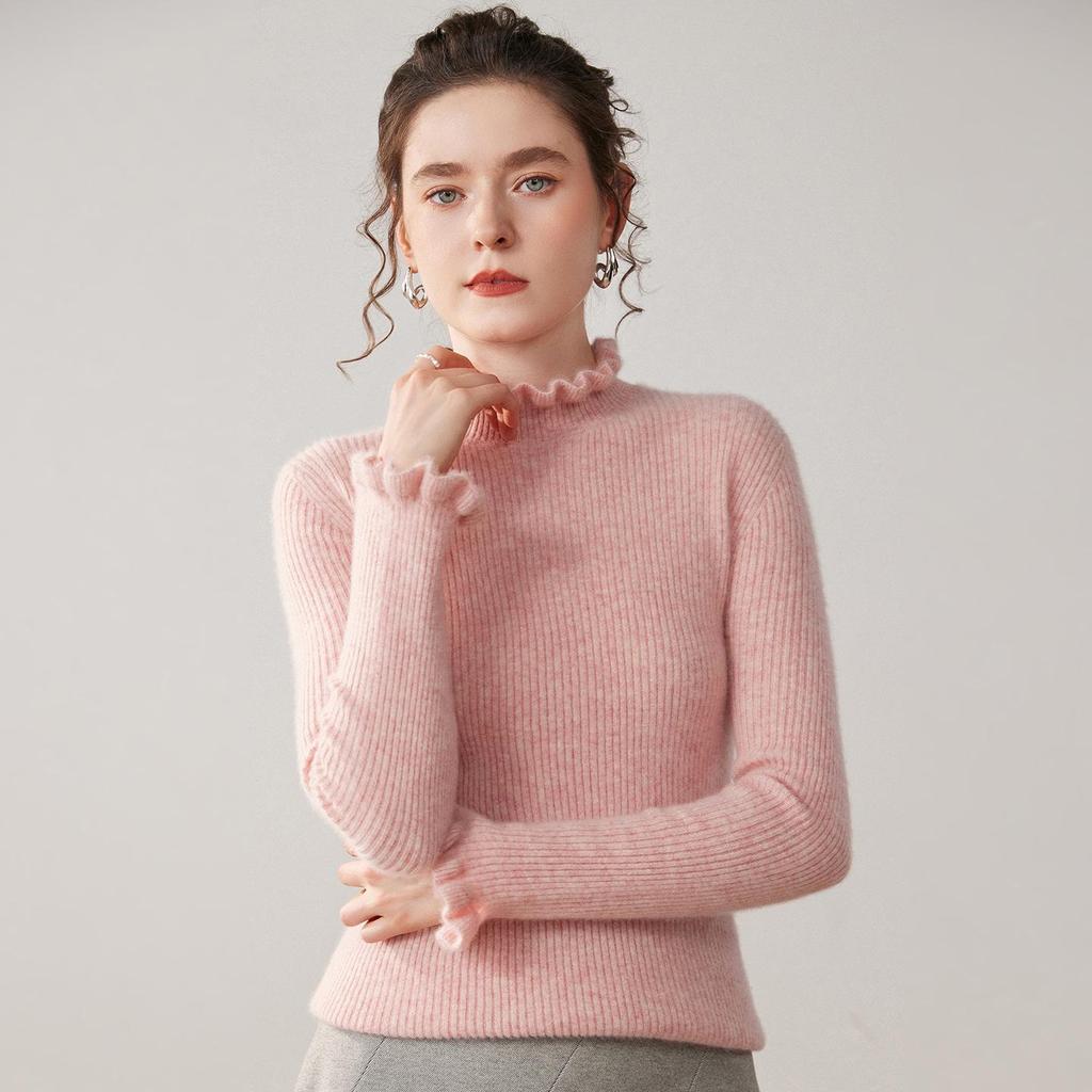 Autumn Women's Cashmere Sweater with Ruffle Collar and Lace Trim
