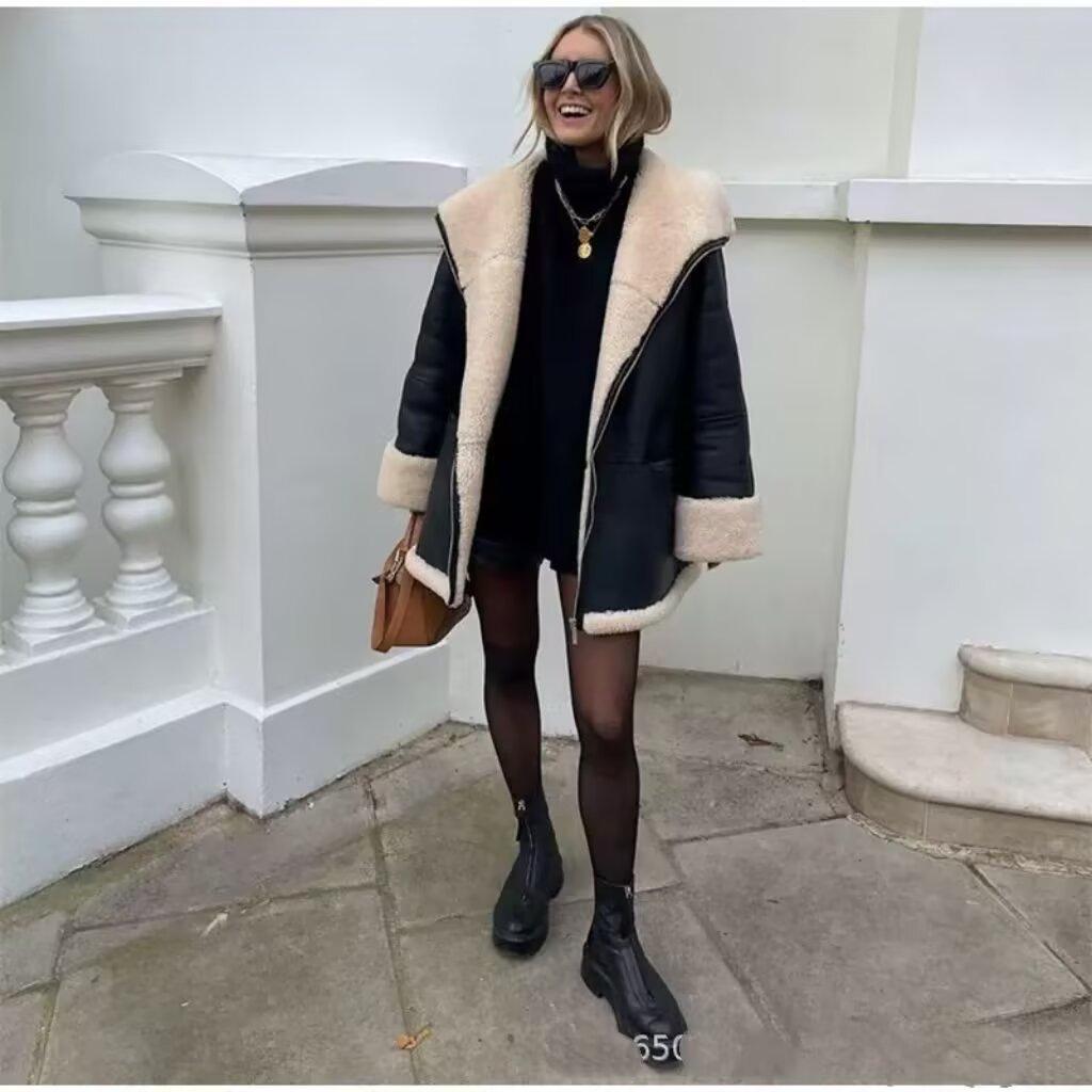 Женская модная кашемировая кожаная куртка в европейском и американском стиле с меховым воротником