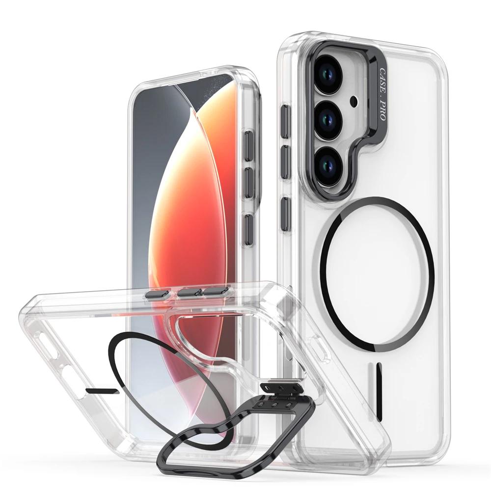 Luxury Clear For Magsafe Magnetic Lens Stand Holder Phone Case For Samsung S25 Ultra S24 S23 Plus FE A06 A07 A16 A17 A26 Cover