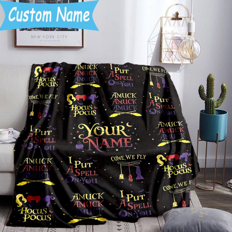 Custom Name Hocus Halloween Night Flannel Blanket, Use for Birthday/Holiday Gift, Soft Blanket for Sofa/Bed/Camping/Office, Home Decor