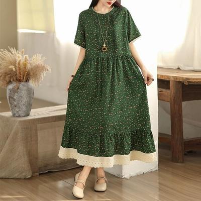 Женское повседневное свободное длинное винтажное летнее платье с цветочным принтом больших размеров, с коротким рукавом, из хлопка и льна, новинка в платьях