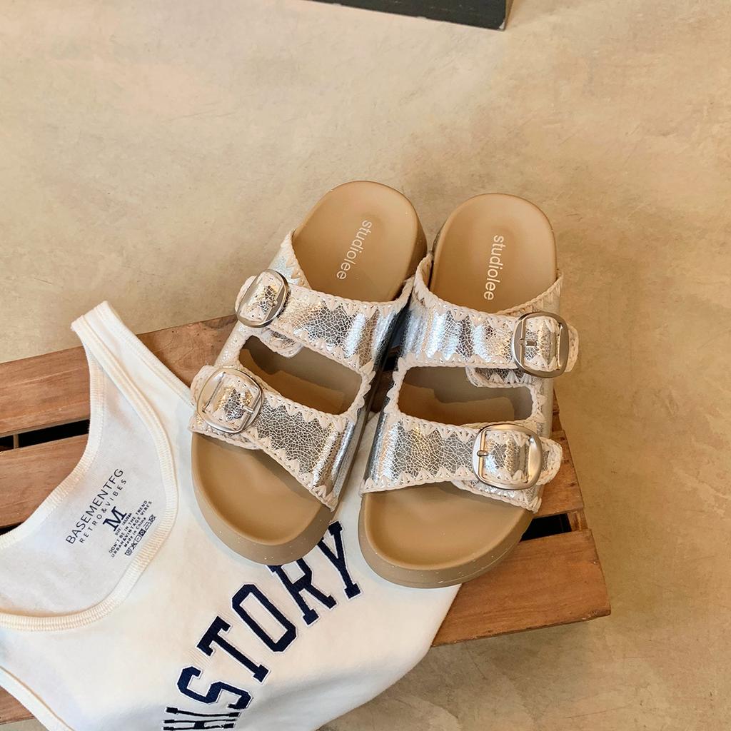 Grape mother, the same style, covering the meat and showing thinness, embroidered double belt buckle, one-word slippers, round head, versatile, lazy,