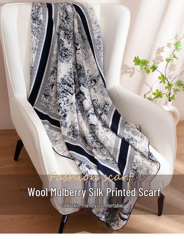 Vintage Forest Castle Print Wool Scarf - Double-Sided, Versatile Neck Warmer & Sunscreen Shawl