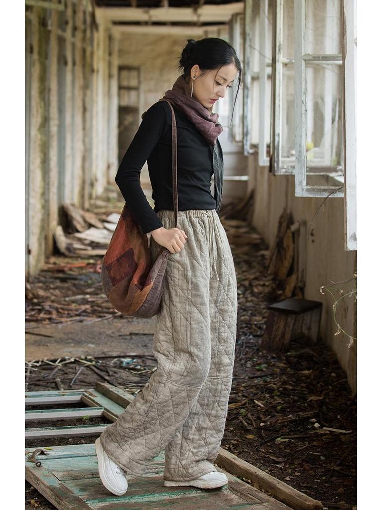 Женские зимние стеганые брюки из хлопка с эффектом тай-дай - эластичный пояс, теплая и плотная смесь рами