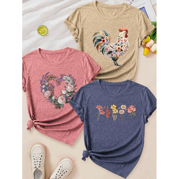 Floral Rooster Heart Floral Print Round Neck Three Piece Short Sleeve Women Elegant Three Seasons Gift Set