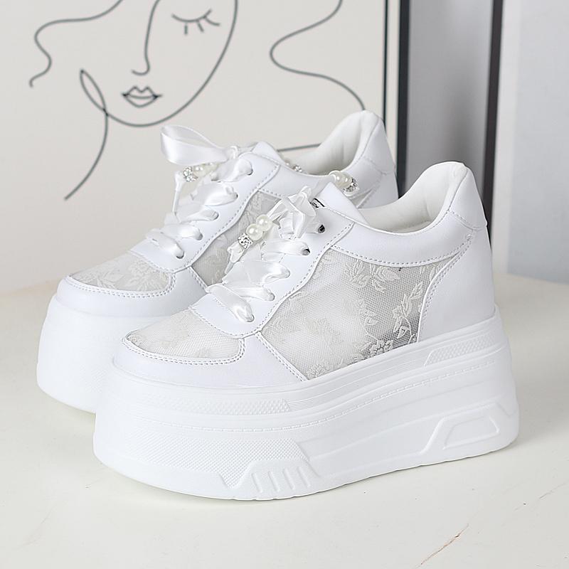 Мода 12 см Воздушная сетка Натуральная кожа Лофер Платформа Тапочки Удобные Массивные Кроссовки Полые Женские Сандалии Вулканизированная Летняя Обувь