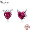 BAMOER 925 Sterling Silver Angel And Devil Pink CZ Heart Stud Earrings for Women Exquisite Unique Earrings