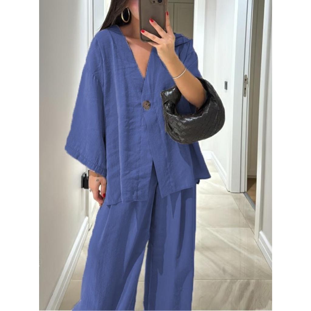 Women's Retro 2-Piece Casual Set, V-Neck One-Button Loose Long Sleeve Top + High Waist Trousers