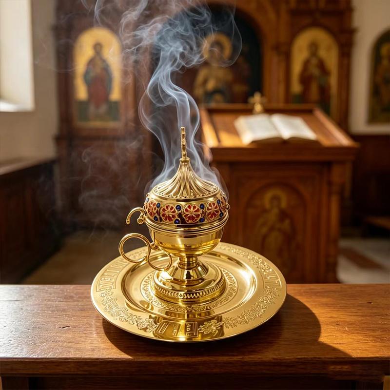 Gold Plated Catholic Orthodox Handheld Incense Burner with Enamel Decor for Church Liturgy Home Altar Prayer Christian Gift Deco 7