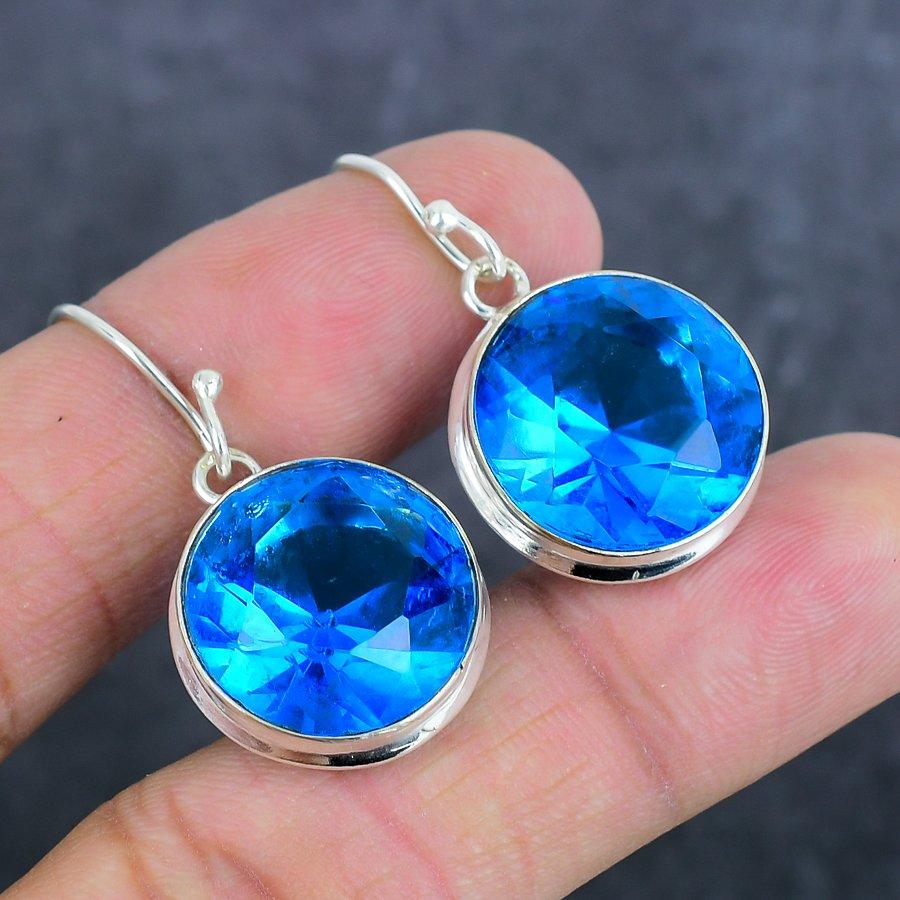 Швейцарский голубой топаз драгоценный камень 925 стерлинговое серебро ювелирные изделия серьга 1.50"