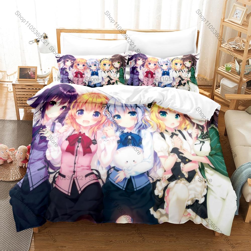Cool Is the order a rabbit Bedding Set Duvet Cover + 2 Pillowcases Cute Cafe Girls Fluffy Rabbit Kawaii Anime Bedroom Decor