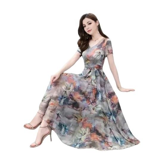 Женское праздничное платье с роскошным цветочным принтом трапециевидной формы с большими качелями на шнуровке с узкой талией и V-образным вырезом в стиле ретро, плиссированное вечернее платье из ледяного шелка для выпускного вечера, платье макси
