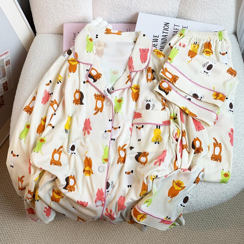 Cartoon Cute Animal Print Sweet Women Pajamas Korean Harajuku Lazy Homewear Autumn/Winter Milk Silk Home Set