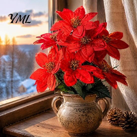 Long Lasting Christmas Tabletop Accents Artificial Poinsettia Flowers, Red Bouquet with Berries, Faux Silk Festive Floral Arrangement for Entrance
