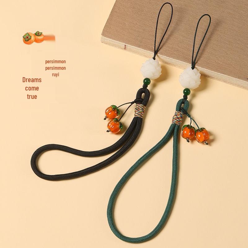 Persimmon Ruyi Mobile Charm: Glazed Pendant Keychain with Anti-Lost Wrist Lanyard for Men & Women