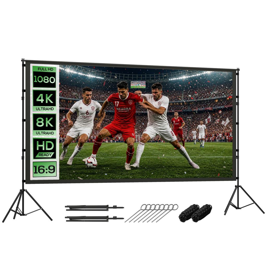 100 Inch 16:9 HD 4K/8K Projector Screen with Stand, Portable Double-Sided Screen with Foldable Tripods, White