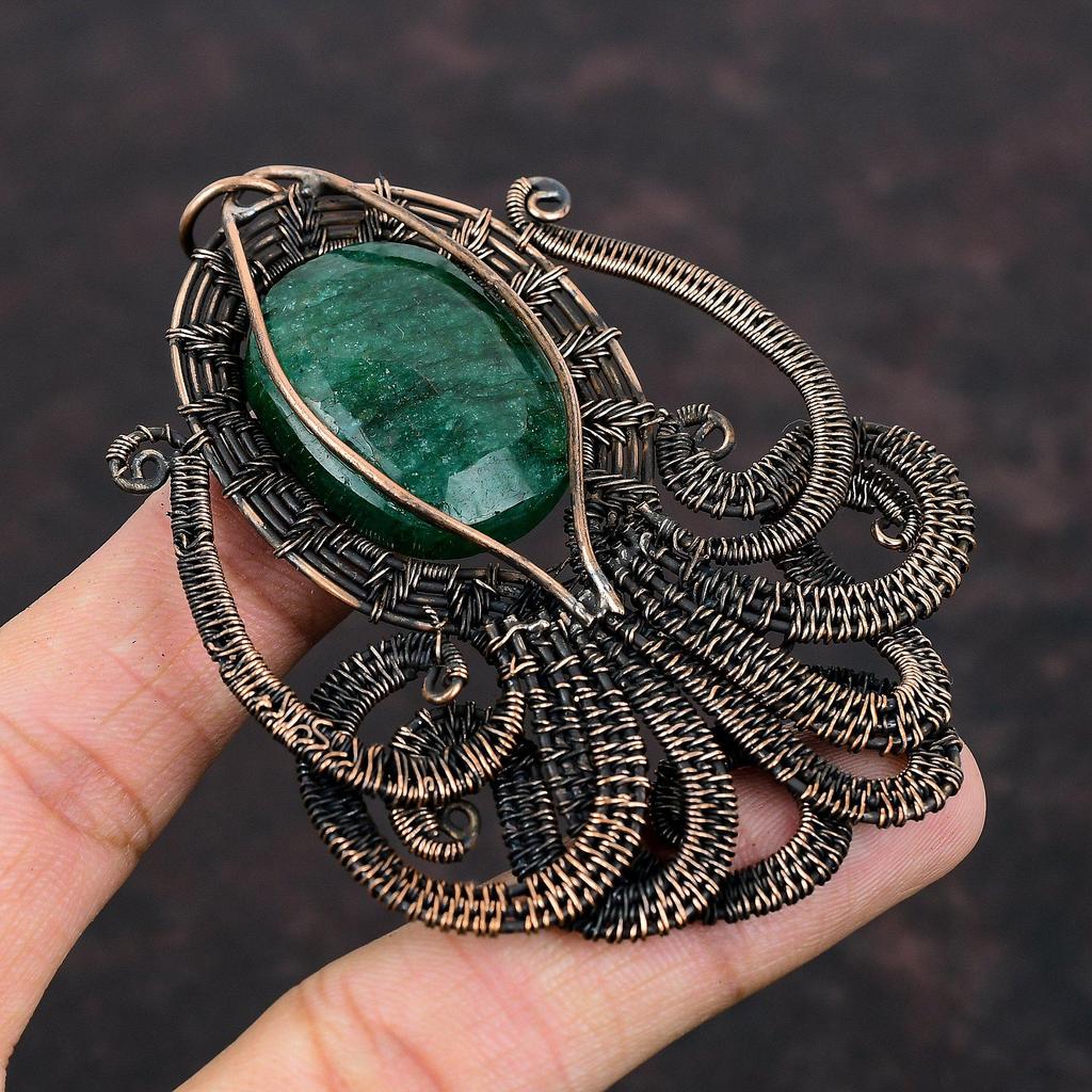 Кулон с ограненным замбийским изумрудом, обернутый медной проволокой, подвеска из медного драгоценного камня, подвеска ручной работы из проволоки, подарок для нее, ювелирные изделия в виде осьминога