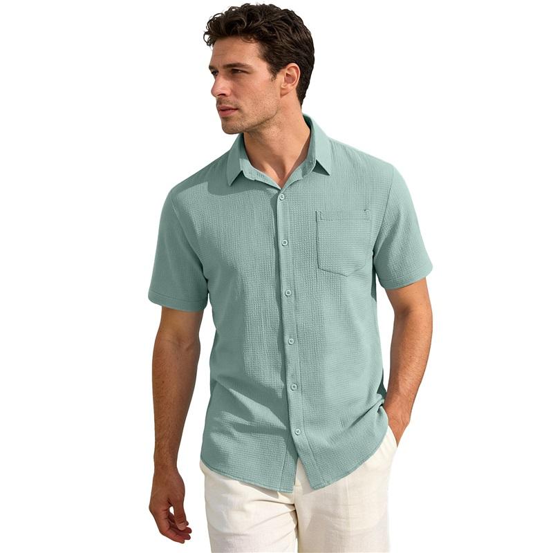 Men's Waffle Texture Short Sleeve Button Down Shirt Casual Pocketed Summer Top