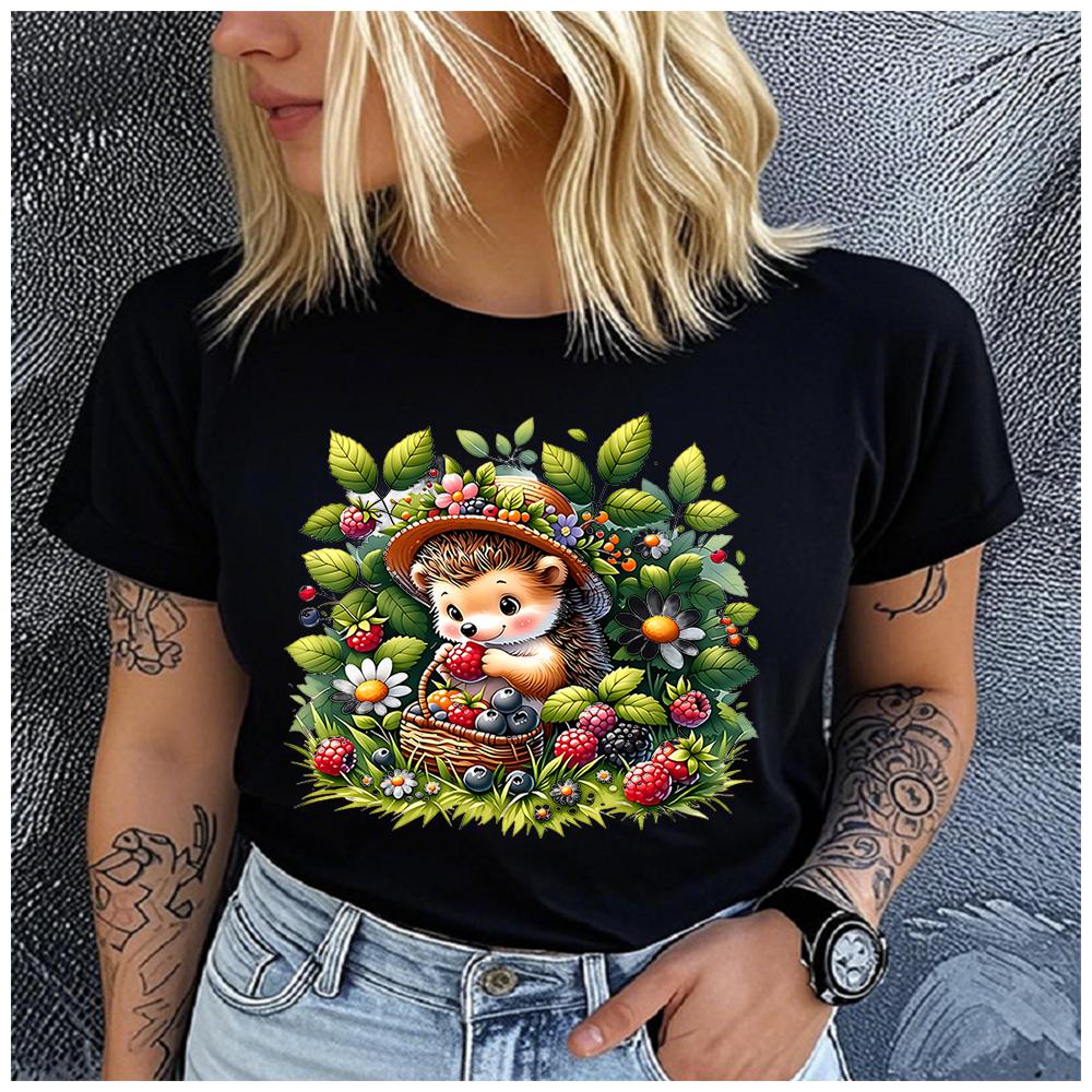 Women's Polyester 100% Cute Hedgehog Print T-shirt Loose round Neck Casual Short Sleeve Fashion Top Wholesale Clothing Summer