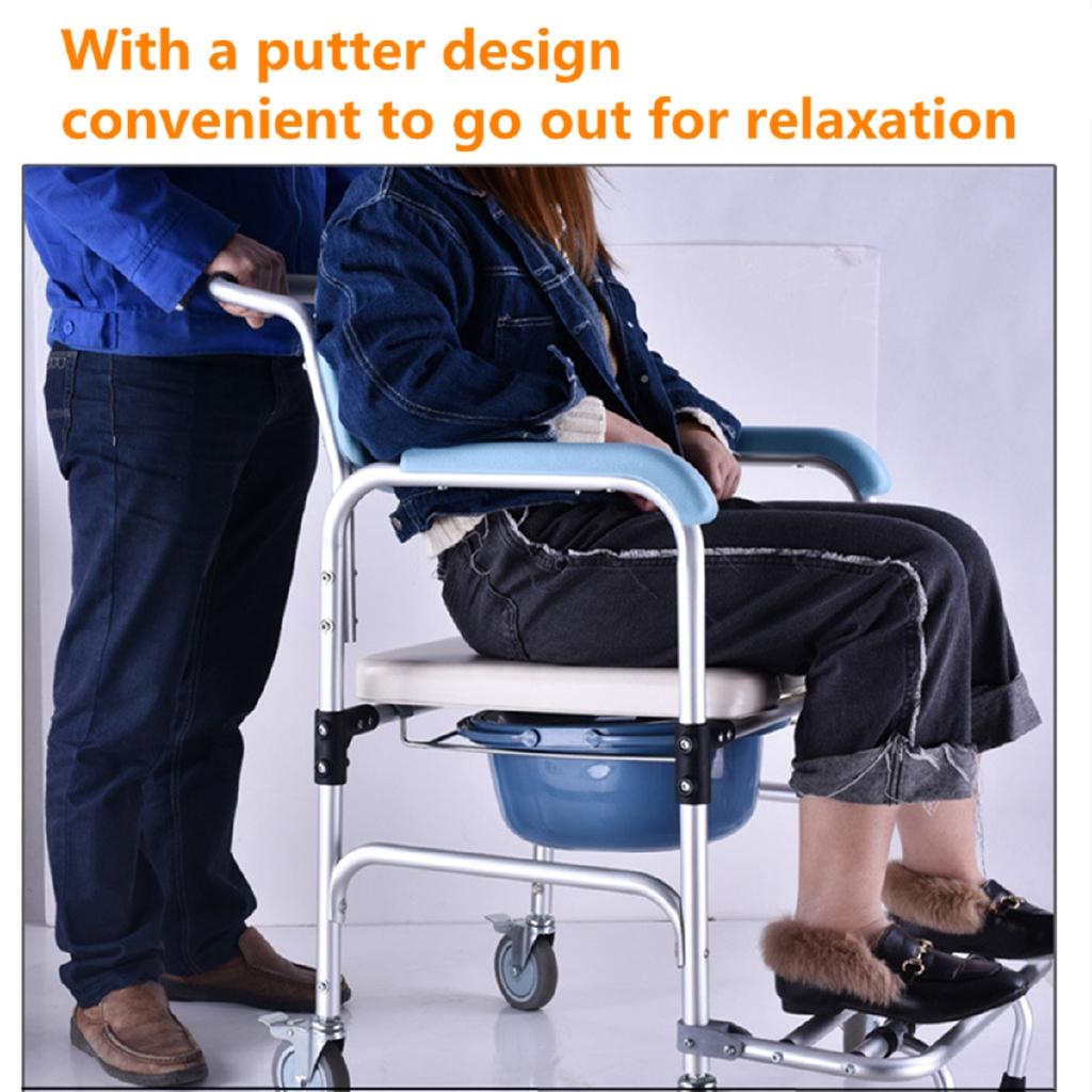 Белый + Синий 3-в-1 Кресло-туалет Инвалидное кресло для пожилых Складное кресло Прикроватный туалет и сиденье для душа Ванная комната Перекатное кресло Алюминиевый сплав