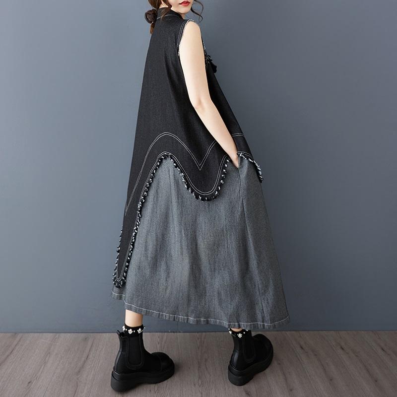 Без рукавов Большие размеры джинсовая винтажная пэчворк новые платья для женщин повседневные свободные длинные платья весна лето осень рубашка